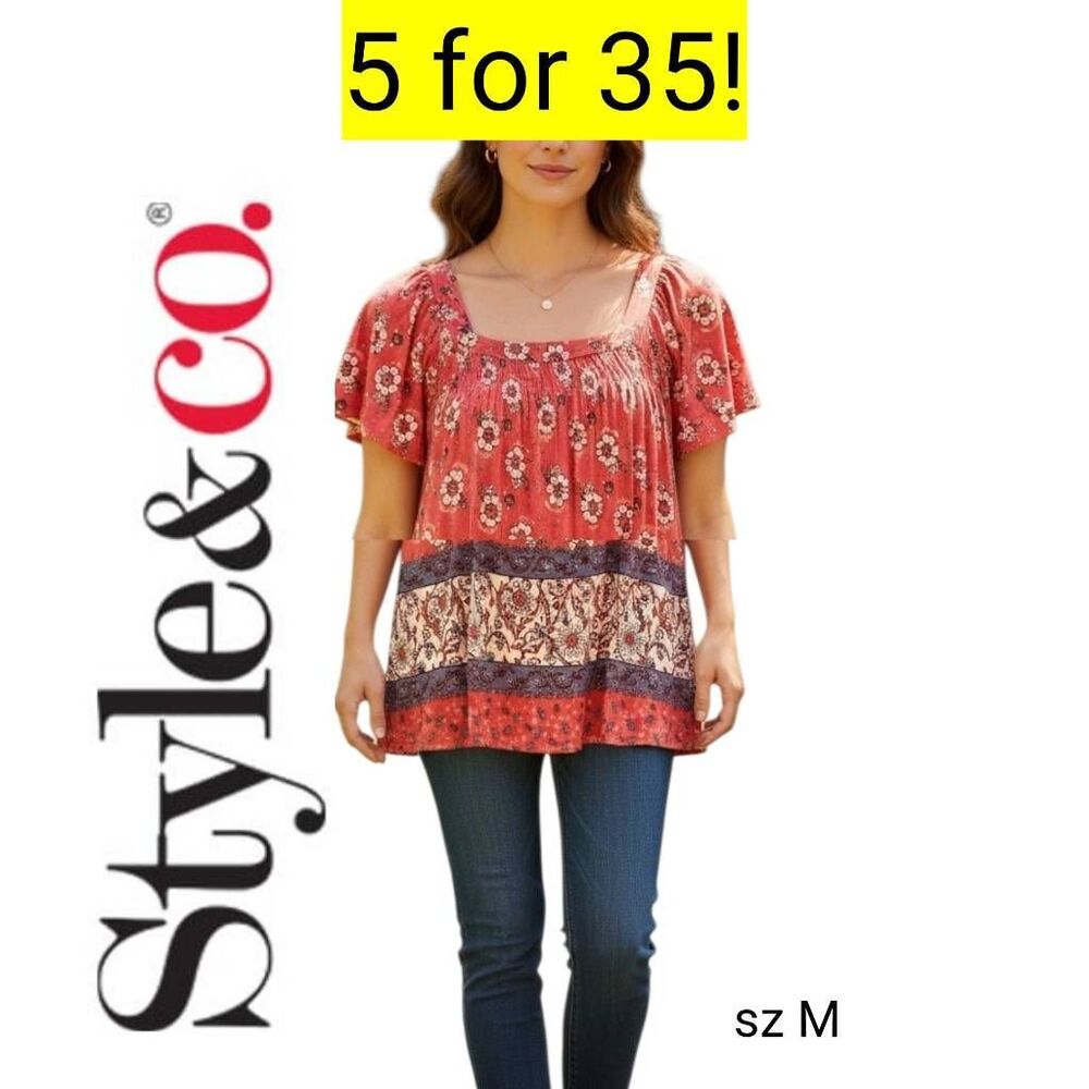 Red White and Blue Whimsical Flowers Boho Blouse Style & Co. SALE!